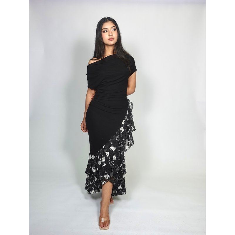 "Black bodycon midi dress with an off shoulder neckline, perfect for cocktail parties, weddings, and formal events."