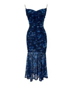Blue Dahlia Dress — sleeveless A-line mini dress with delicate floral appliques, soft ruffles, and subtle polka dots, perfect for summer garden parties, weddings, and stylish daytime events.