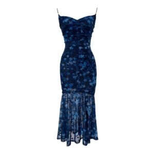 Blue Dahlia Dress — sleeveless A-line mini dress with delicate floral appliques, soft ruffles, and subtle polka dots, perfect for summer garden parties, weddings, and stylish daytime events.