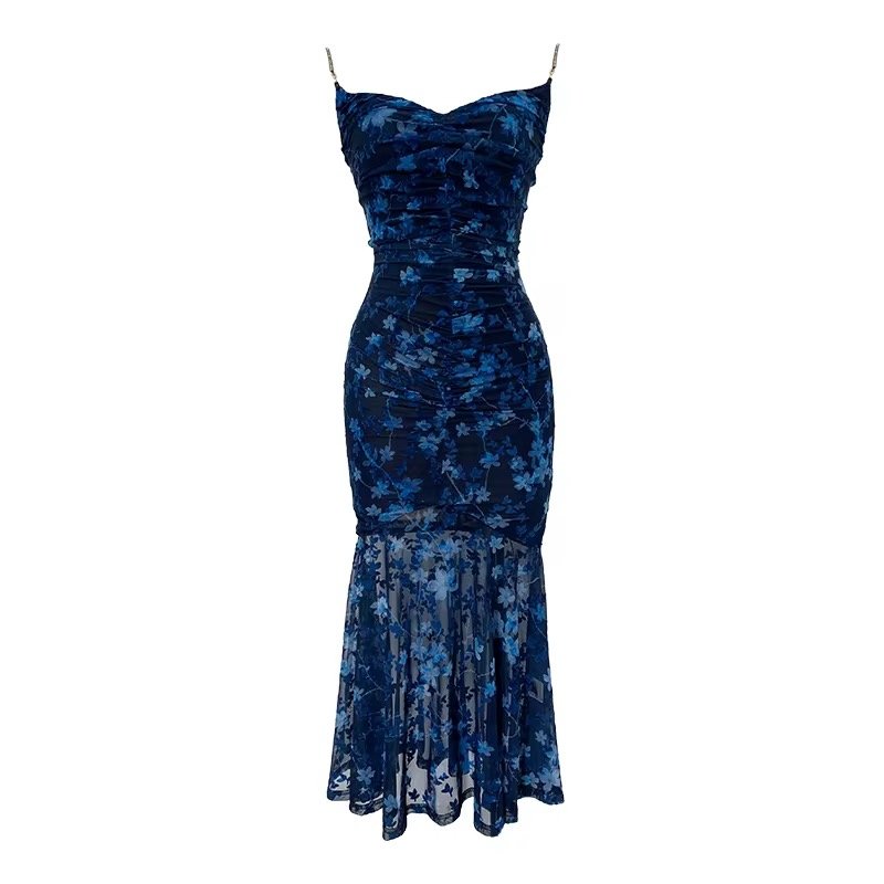 Blue Dahlia Dress — sleeveless A-line mini dress with delicate floral appliques, soft ruffles, and subtle polka dots, perfect for summer garden parties, weddings, and stylish daytime events.