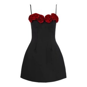 Black Iris Dress — sleeveless A-line mini with handmade floral details and a daring backless design, perfect for clubbing, parties, and elegant night events.