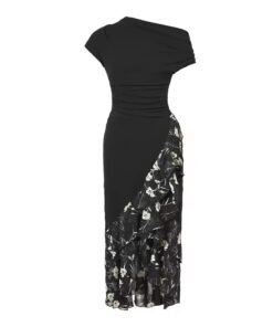 Eco-friendly black floral asymmetric maxi dress with ruffles – Selene Dress from Midnight Bloom Collection.