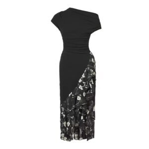 Eco-friendly black floral asymmetric maxi dress with ruffles – Selene Dress from Midnight Bloom Collection.