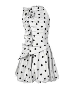Grey Tara dress — sleeveless A-line mini dress with floral appliques, soft ruffles, and subtle polka dots, perfect for summer parties, garden weddings, and stylish daytime events.