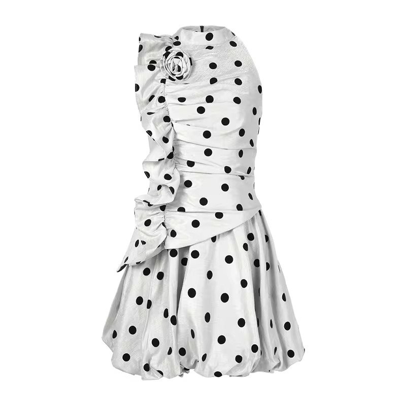 Grey Tara dress — sleeveless A-line mini dress with floral appliques, soft ruffles, and subtle polka dots, perfect for summer parties, garden weddings, and stylish daytime events.