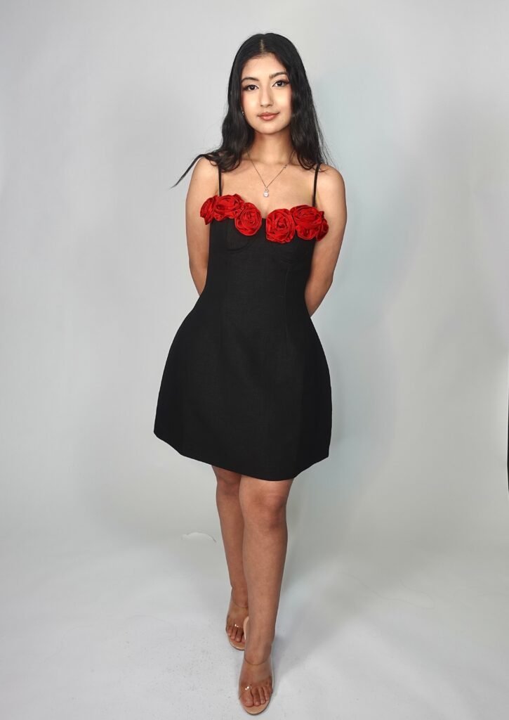 LOVE LOHINI DRESS LOHINI Black dress with red roses Black rose dress Red rose mini dress Floral black dress Romantic black dress Black floral mini dress Rose detail dress Feminine mini dress Date night black dress Romantic floral dress
